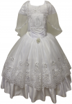 GIRLS COMMUNION DRESS W/ VIRGIN IN FRONT & DESIGN CAPE